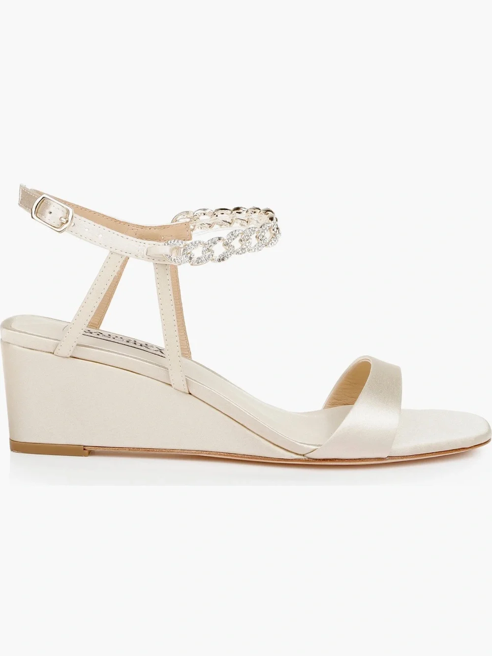 NWT Badgley Mischka size 9 Kaelyn Ivory Satin Wedge Sandal with Crystal Chain